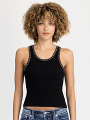 Miss Me MT3279T-BLK Womens Sparkly Sarai Knit Tank Black front view. If you need any assistance with this item or the purchase of this item please call us at five six one seven four eight eight eight zero one Monday through Saturday 10:00a.m EST to 8:00 p.m EST
