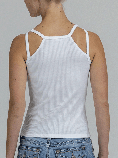 Miss Me MT3335T-WHT Womens Studded Strap Top White back view. If you need any assistance with this item or the purchase of this item please call us at five six one seven four eight eight eight zero one Monday through Saturday 10:00a.m EST to 8:00 p.m EST