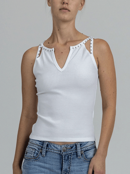 Miss Me MT3335T-WHT Womens Studded Strap Top White front view. If you need any assistance with this item or the purchase of this item please call us at five six one seven four eight eight eight zero one Monday through Saturday 10:00a.m EST to 8:00 p.m EST