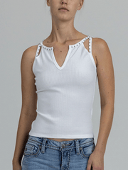 Miss Me MT3335T-WHT Womens Studded Strap Top White front view. If you need any assistance with this item or the purchase of this item please call us at five six one seven four eight eight eight zero one Monday through Saturday 10:00a.m EST to 8:00 p.m EST