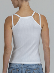 Miss Me MT3335T-WHT Womens Studded Strap Top White back view. If you need any assistance with this item or the purchase of this item please call us at five six one seven four eight eight eight zero one Monday through Saturday 10:00a.m EST to 8:00 p.m EST