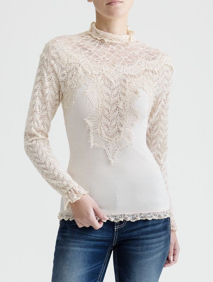Miss Me MT3402L Womens Lace Mock Neck Top Natural front view. If you need any assistance with this item or the purchase of this item please call us at five six one seven four eight eight eight zero one Monday through Saturday 10:00a.m EST to 8:00 p.m EST