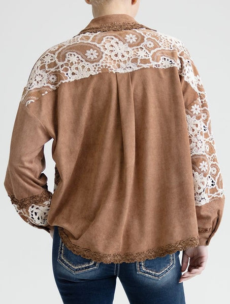 Miss Me MT3411L Womens Faux Suede Button Up Top Multi Brown back view. If you need any assistance with this item or the purchase of this item please call us at five six one seven four eight eight eight zero one Monday through Saturday 10:00a.m EST to 8:00 p.m EST