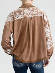 Miss Me MT3411L Womens Faux Suede Button Up Top Multi Brown back view. If you need any assistance with this item or the purchase of this item please call us at five six one seven four eight eight eight zero one Monday through Saturday 10:00a.m EST to 8:00 p.m EST