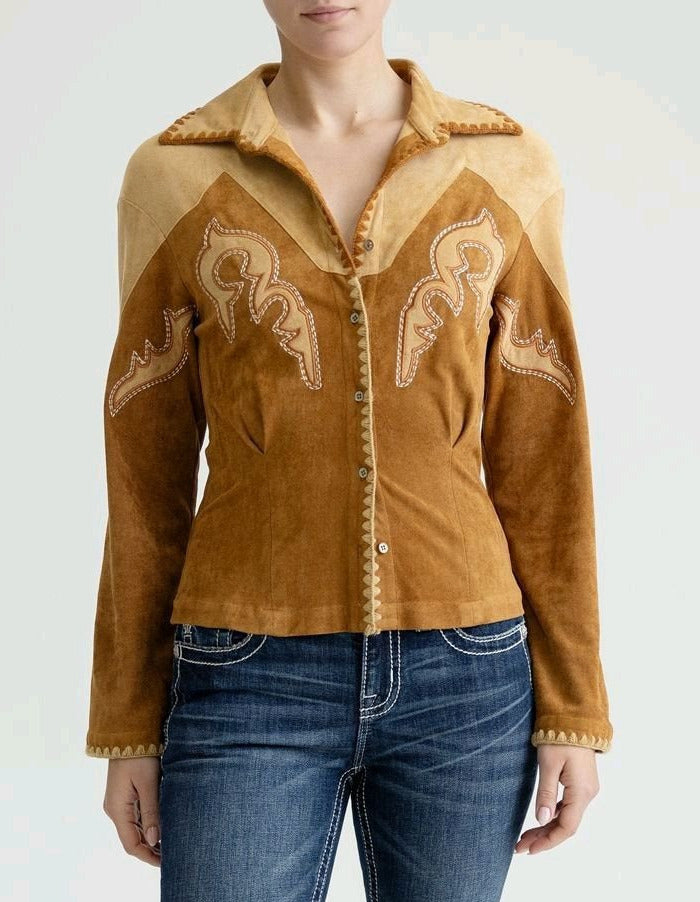 Miss Me MT3417L Womens Faux Suede Fitted Top Camel Brown front view. If you need any assistance with this item or the purchase of this item please call us at five six one seven four eight eight eight zero one Monday through Saturday 10:00a.m EST to 8:00 p.m EST