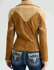 Miss Me MT3417L Womens Faux Suede Fitted Top Camel Brown back view. If you need any assistance with this item or the purchase of this item please call us at five six one seven four eight eight eight zero one Monday through Saturday 10:00a.m EST to 8:00 p.m EST