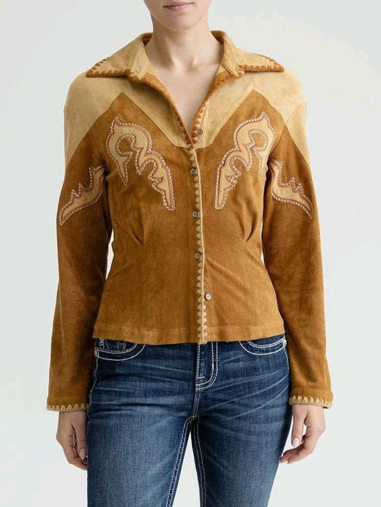 Miss Me MT3417L Womens Faux Suede Fitted Top Camel Brown front view. If you need any assistance with this item or the purchase of this item please call us at five six one seven four eight eight eight zero one Monday through Saturday 10:00a.m EST to 8:00 p.m EST