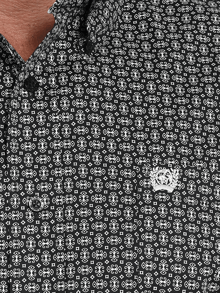 Cinch MTW1105998 Mens Long Sleeve Western Print Shirt Black close up. If you need any assistance with this item or the purchase of this item please call us at five six one seven four eight eight eight zero one Monday through Saturday 10:00a.m EST to 8:00 p.m EST