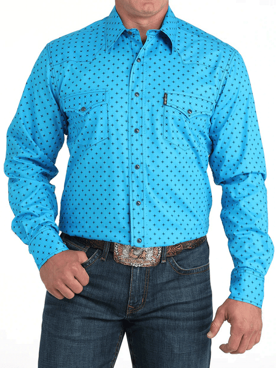 Cinch MTW1303092 Mens Modern Fit Printed Long Sleeve Shirt Blue front view. If you need any assistance with this item or the purchase of this item please call us at five six one seven four eight eight eight zero one Monday through Saturday 10:00a.m EST to 8:00 p.m EST
