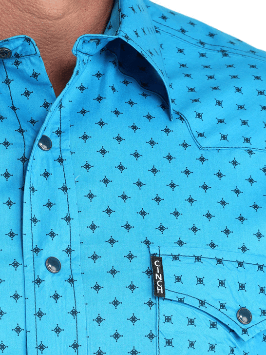 Cinch MTW1303092 Mens Modern Fit Printed Long Sleeve Shirt Blue front close up. If you need any assistance with this item or the purchase of this item please call us at five six one seven four eight eight eight zero one Monday through Saturday 10:00a.m EST to 8:00 p.m EST