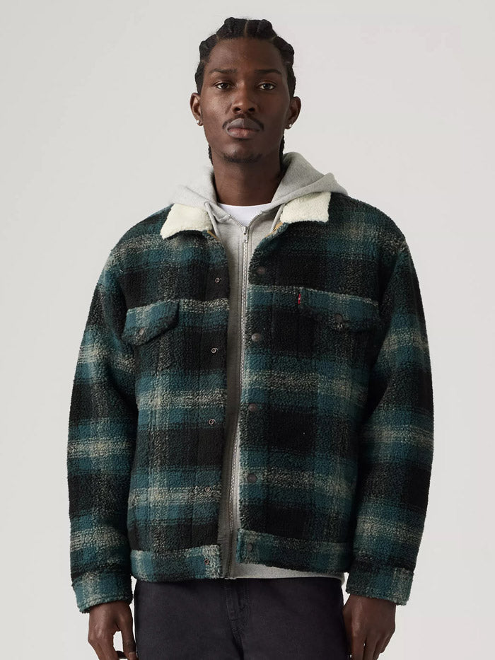 Levis 008DM0001 Mens Type III Sherpa Trucker Jacket Merle Plaid Frost Gray