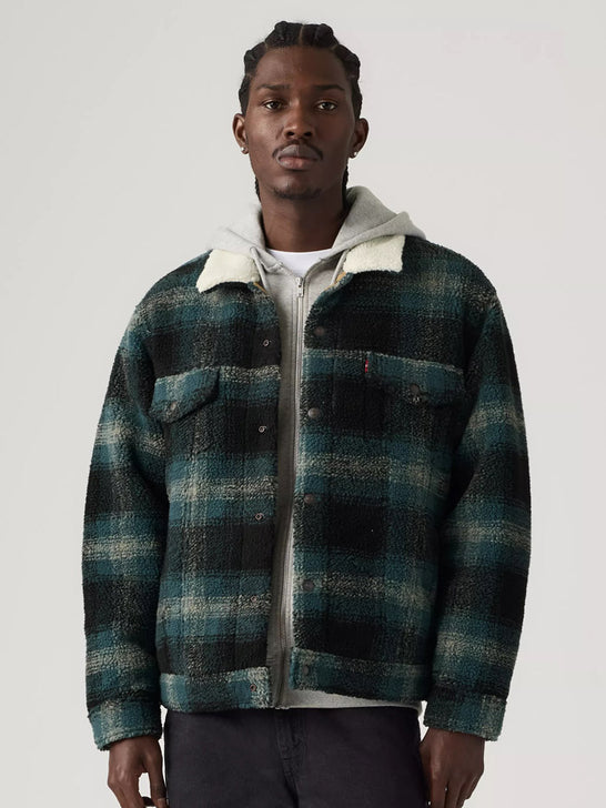 Levis 008DM0001 Mens Type III Sherpa Trucker Jacket Merle Plaid Frost Gray
