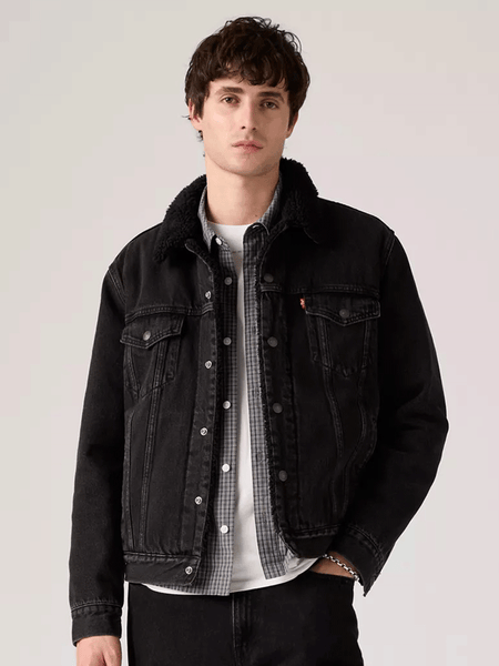 Levis 163650276 Mens Type 3 Sherpa Trucker Jacket Black front view. If you need any assistance with this item or the purchase of this item please call us at five six one seven four eight eight eight zero one Monday through Saturday 10:00a.m EST to 8:00 p.m EST