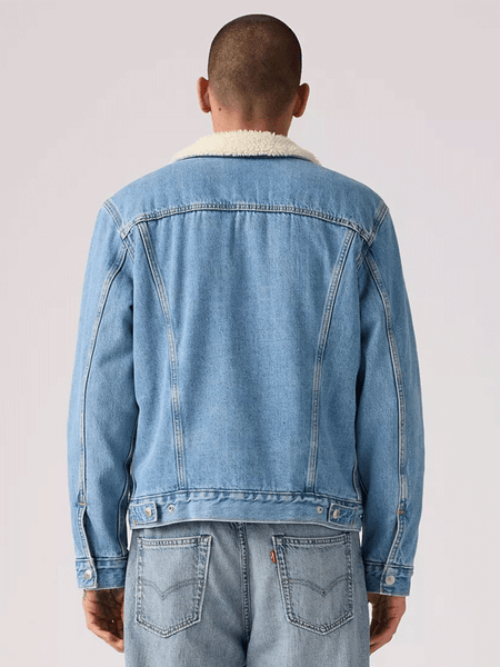 Levis 163650287 Mens Type 3 Sherpa Trucker Jacket Light Stonewash back view. If you need any assistance with this item or the purchase of this item please call us at five six one seven four eight eight eight zero one Monday through Saturday 10:00a.m EST to 8:00 p.m EST