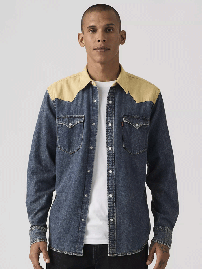 Levis 857450280 Mens Classic Standard Fit Western Shirt Harlem Rodeo Blue front view. If you need any assistance with this item or the purchase of this item please call us at five six one seven four eight eight eight zero one Monday through Saturday 10:00a.m EST to 8:00 p.m EST
