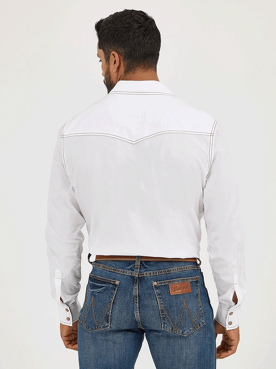 Wrangler MVR531W Mens Retro Western Snap Solid Dobby Shirt White back view. If you need any assistance with this item or the purchase of this item please call us at five six one seven four eight eight eight zero one Monday through Saturday 10:00a.m EST to 8:00 p.m EST
