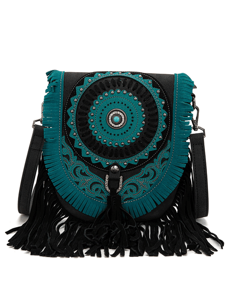 Montana West MW1291-8360BK Womens Concho Fringe Collection Saddle Bag Black front view. If you need any assistance with this item or the purchase of this item please call us at five six one seven four eight eight eight zero one Monday through Saturday 10:00a.m EST to 8:00 p.m EST