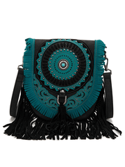 Montana West MW1291-8360BK Womens Concho Fringe Collection Saddle Bag Black front view. If you need any assistance with this item or the purchase of this item please call us at five six one seven four eight eight eight zero one Monday through Saturday 10:00a.m EST to 8:00 p.m EST