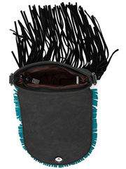 Montana West MW1291-8360BK Womens Concho Fringe Collection Saddle Bag Black inside view. If you need any assistance with this item or the purchase of this item please call us at five six one seven four eight eight eight zero one Monday through Saturday 10:00a.m EST to 8:00 p.m EST