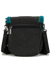 Montana West MW1291-8360BK Womens Concho Fringe Collection Saddle Bag Black back view. If you need any assistance with this item or the purchase of this item please call us at five six one seven four eight eight eight zero one Monday through Saturday 10:00a.m EST to 8:00 p.m EST