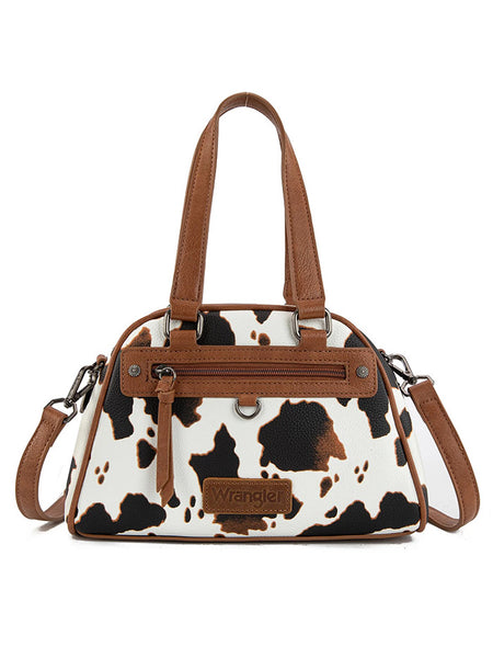 Wrangler WG399-5112BRCOW Womens Cow Print Satchel/Crossbody Bag Brown front view. If you need any assistance with this item or the purchase of this item please call us at five six one seven four eight eight eight zero one Monday through Saturday 10:00a.m EST to 8:00 p.m EST