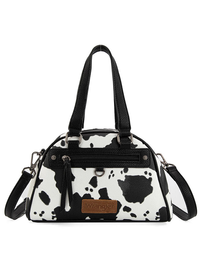 Wrangler WG399-5112BKCOW Womens Cow Print Satchel/Crossbody Bag Black front view. If you need any assistance with this item or the purchase of this item please call us at five six one seven four eight eight eight zero one Monday through Saturday 10:00a.m EST to 8:00 p.m EST