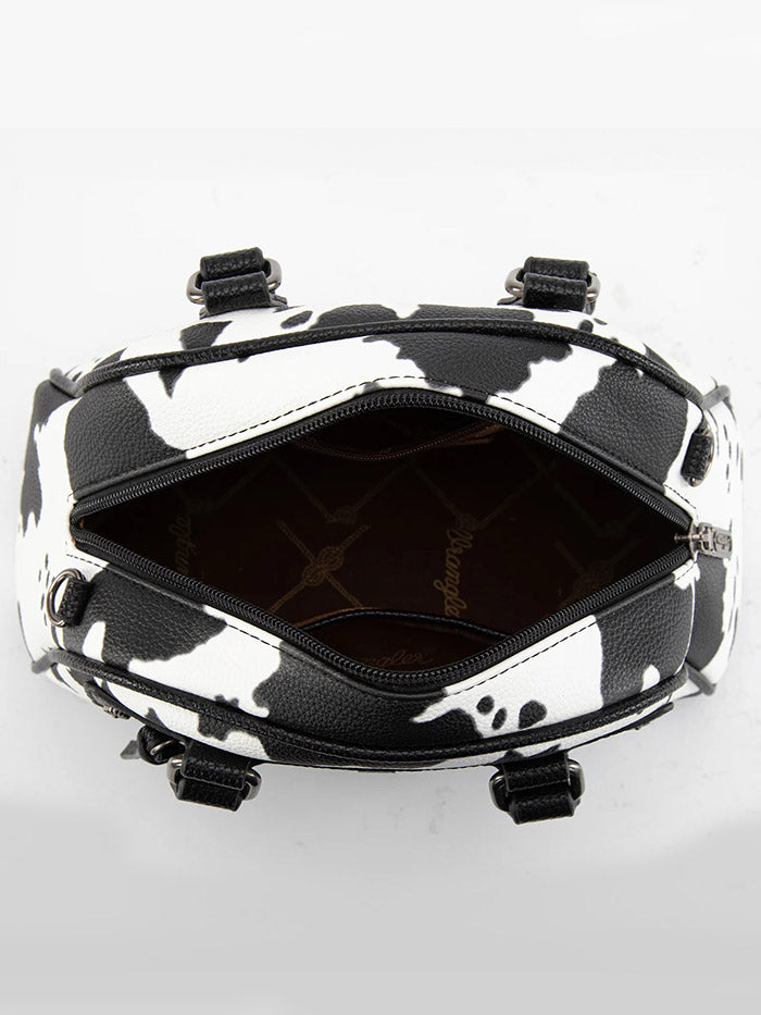 Wrangler WG399-5112BKCOW Womens Cow Print Satchel/Crossbody Bag Black front view. If you need any assistance with this item or the purchase of this item please call us at five six one seven four eight eight eight zero one Monday through Saturday 10:00a.m EST to 8:00 p.m EST