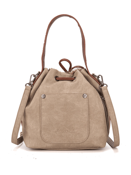 Montana West MWF1046-205STN Womens Hair On Drawstring Hobo/Crossbody Bag Tan back view. If you need any assistance with this item or the purchase of this item please call us at five six one seven four eight eight eight zero one Monday through Saturday 10:00a.m EST to 8:00 p.m EST