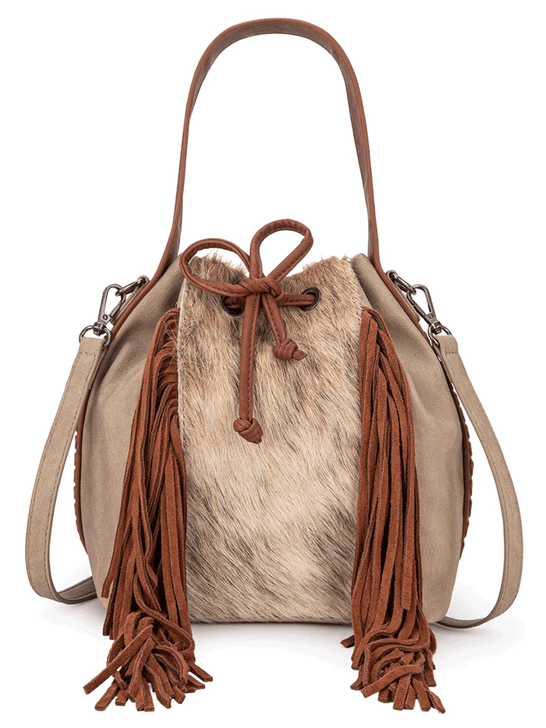 Montana West MWF1046-205STN Womens Hair On Drawstring Hobo/Crossbody Bag Tan front view. If you need any assistance with this item or the purchase of this item please call us at five six one seven four eight eight eight zero one Monday through Saturday 10:00a.m EST to 8:00 p.m EST