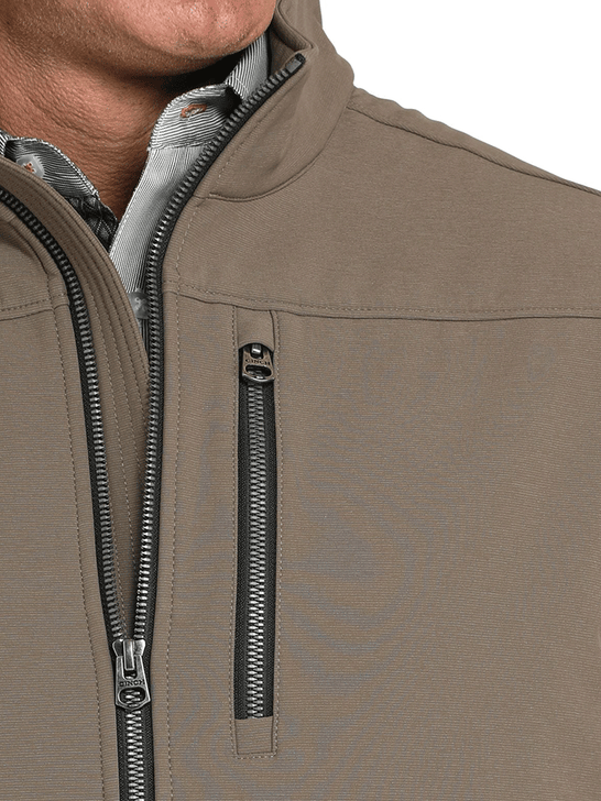 Cinch MWJ1539005 Mens Conceal Carry Bonded Jacket Brown close up. If you need any assistance with this item or the purchase of this item please call us at five six one seven four eight eight eight zero one Monday through Saturday 10:00a.m EST to 8:00 p.m EST