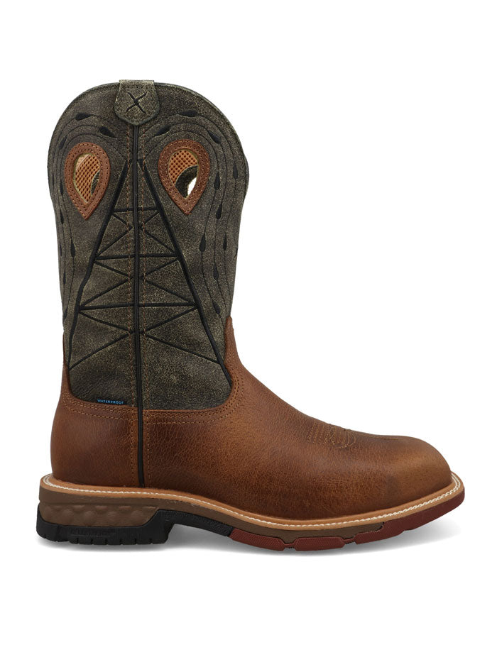 Twisted X MXBNW11 Mens Waterproof Nano Toe Western Work Boot Lion & Dark Olive side / front view. If you need any assistance with this item or the purchase of this item please call us at five six one seven four eight eight eight zero one Monday through Saturday 10:00a.m EST to 8:00 p.m EST