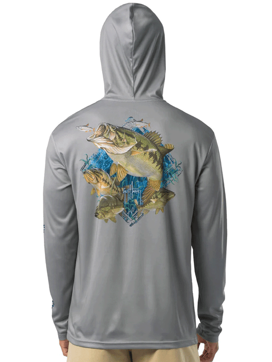 Guy Harvey GHV56925-SIL Mens Bass Diamond UPF 50 Sun Protection Hoodie Silver back view. If you need any assistance with this item or the purchase of this item please call us at five six one seven four eight eight eight zero one Monday through Saturday 10:00a.m EST to 8:00 p.m EST
