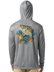 Guy Harvey GHV56925-SIL Mens Bass Diamond UPF 50 Sun Protection Hoodie Silver back view. If you need any assistance with this item or the purchase of this item please call us at five six one seven four eight eight eight zero one Monday through Saturday 10:00a.m EST to 8:00 p.m EST
