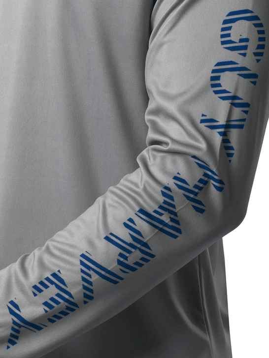 Guy Harvey GHV56925-SIL Mens Bass Diamond UPF 50 Sun Protection Hoodie Silver sleeve view. If you need any assistance with this item or the purchase of this item please call us at five six one seven four eight eight eight zero one Monday through Saturday 10:00a.m EST to 8:00 p.m EST