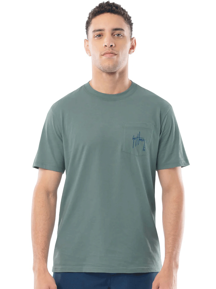 Guy Harvey GHV56931-BS Mens Circle Stripes Lightweight Pocket Tee Blue Surf back view. If you need any assistance with this item or the purchase of this item please call us at five six one seven four eight eight eight zero one Monday through Saturday 10:00a.m EST to 8:00 p.m EST