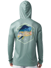 Guy Harvey GHV56925-BLS Mens Mahi Gear UPF 50 Sun Protection Hoodie Blue Surf back view. If you need any assistance with this item or the purchase of this item please call us at five six one seven four eight eight eight zero one Monday through Saturday 10:00a.m EST to 8:00 p.m EST

