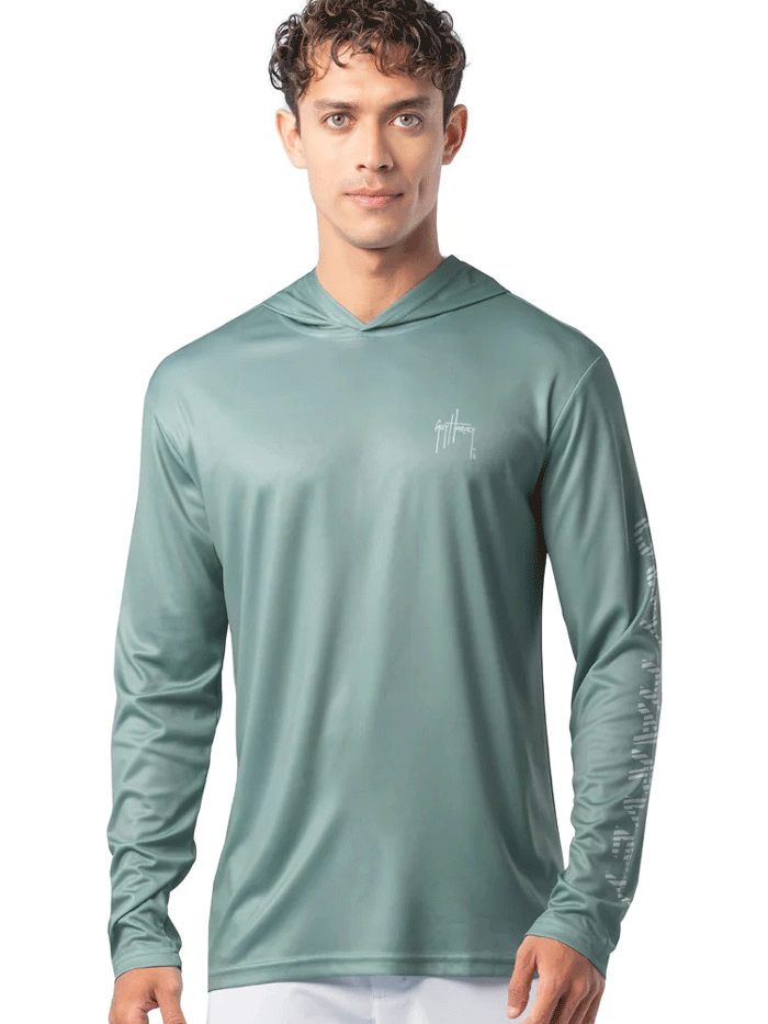 Guy Harvey GHV56925-BLS Mens Mahi Gear UPF 50 Sun Protection Hoodie Blue Surf back view. If you need any assistance with this item or the purchase of this item please call us at five six one seven four eight eight eight zero one Monday through Saturday 10:00a.m EST to 8:00 p.m EST
