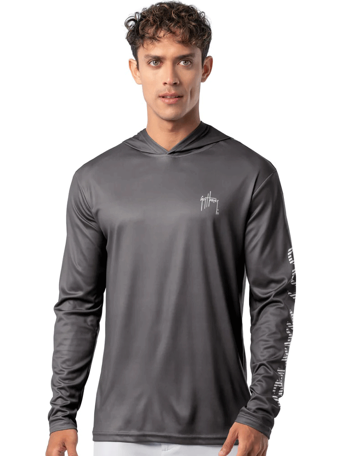 Guy Harvey GHV56925-GRY Mens Rack UPF 50 Sun Protection Hoodie Grey back view. If you need any assistance with this item or the purchase of this item please call us at five six one seven four eight eight eight zero one Monday through Saturday 10:00a.m EST to 8:00 p.m EST
