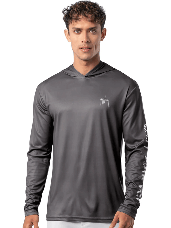 Guy Harvey GHV56925-GRY Mens Rack UPF 50 Sun Protection Hoodie Grey front view. If you need any assistance with this item or the purchase of this item please call us at five six one seven four eight eight eight zero one Monday through Saturday 10:00a.m EST to 8:00 p.m EST
