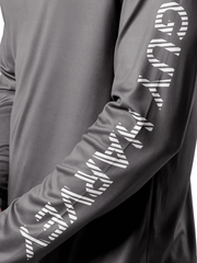 Guy Harvey GHV56925-GRY Mens Rack UPF 50 Sun Protection Hoodie Grey sleeve view. If you need any assistance with this item or the purchase of this item please call us at five six one seven four eight eight eight zero one Monday through Saturday 10:00a.m EST to 8:00 p.m EST