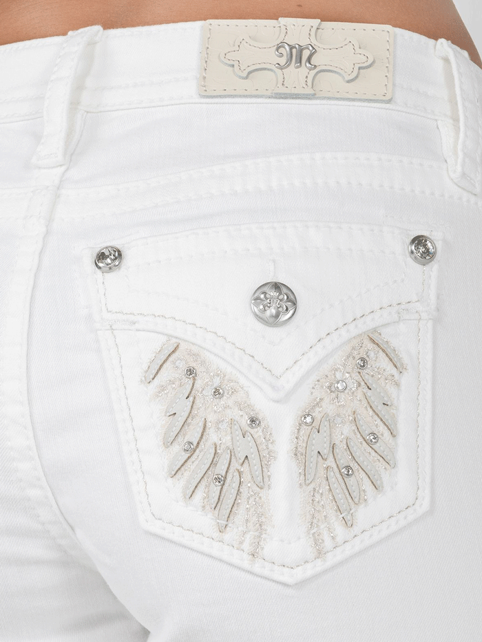 Miss Me M5082H159 Womens Mid-Rise Embellished Wing Short White full back view. If you need any assistance with this item or the purchase of this item please call us at five six one seven four eight eight eight zero one Monday through Saturday 10:00a.m EST to 8:00 p.m EST