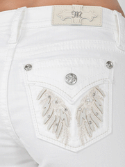 Miss Me M5082H159 Womens Mid-Rise Embellished Wing Short White back pocket close up view. If you need any assistance with this item or the purchase of this item please call us at five six one seven four eight eight eight zero one Monday through Saturday 10:00a.m EST to 8:00 p.m EST