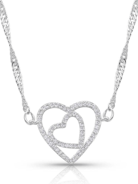 Montana Silversmiths NC4502 Womens Double Open Heart Split Necklace Silver front view. If you need any assistance with this item or the purchase of this item please call us at five six one seven four eight eight eight zero one Monday through Saturday 10:00a.m EST to 8:00 p.m EST