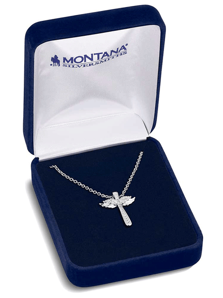 Montana Silversmiths NC6125 Womens Wings of Faith Cross Necklace Silver view in box. If you need any assistance with this item or the purchase of this item please call us at five six one seven four eight eight eight zero one Monday through Saturday 10:00a.m EST to 8:00 p.m EST