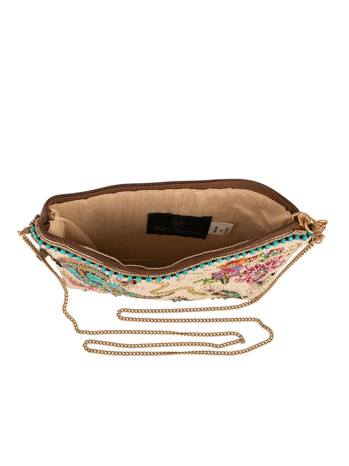 Mary Frances MINI S002-577 ON THE RANGE Mini Crossbody Clutch Beige front view. If you need any assistance with this item or the purchase of this item please call us at five six one seven four eight eight eight zero one Monday through Saturday 10:00a.m EST to 8:00 p.m EST