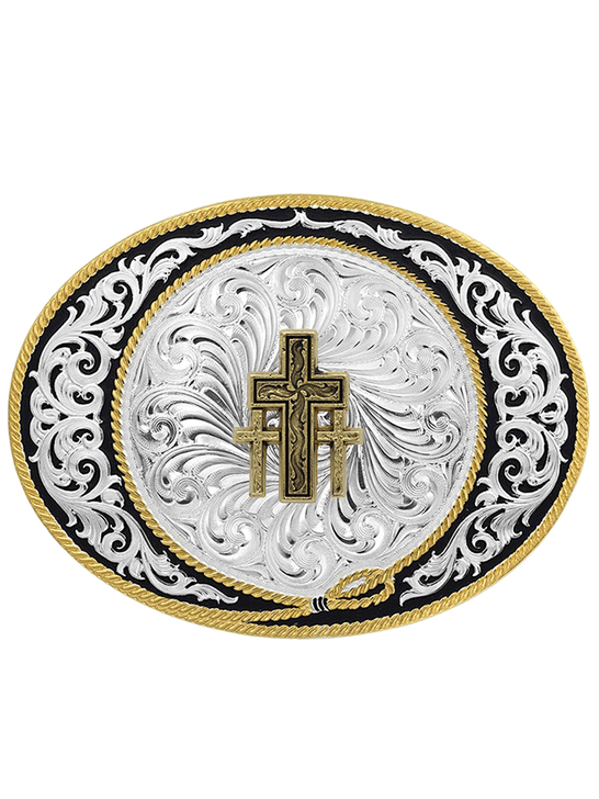 Montana Silversmiths 6190-855 Triple Cross Ranch Rope Buckle Silver front view. If you need any assistance with this item or the purchase of this item please call us at five six one seven four eight eight eight zero one Monday through Saturday 10:00a.m EST to 8:00 p.m EST