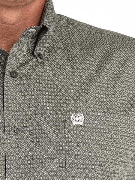 Cinch MTW1105981 Mens Long Sleeve Print Shirt Olive close up. If you need any assistance with this item or the purchase of this item please call us at five six one seven four eight eight eight zero one Monday through Saturday 10:00a.m EST to 8:00 p.m EST