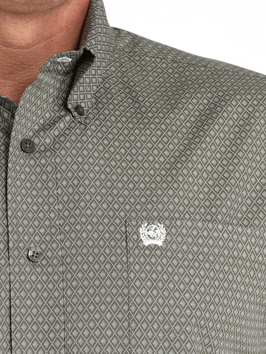 Cinch MTW1105981 Mens Long Sleeve Print Shirt Olive close up. If you need any assistance with this item or the purchase of this item please call us at five six one seven four eight eight eight zero one Monday through Saturday 10:00a.m EST to 8:00 p.m EST