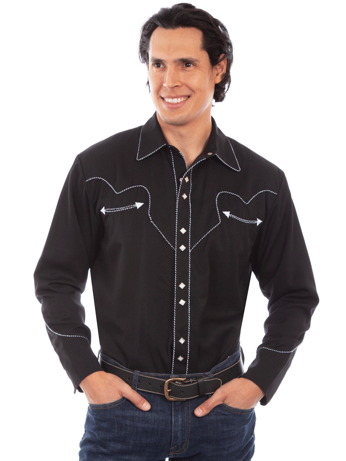 Scully P-726-BLK Mens Solid Western Shirt Black front view.If you need any assistance with this item or the purchase of this item please call us at five six one seven four eight eight eight zero one Monday through Saturday 10:00a.m EST to 8:00 p.m EST

