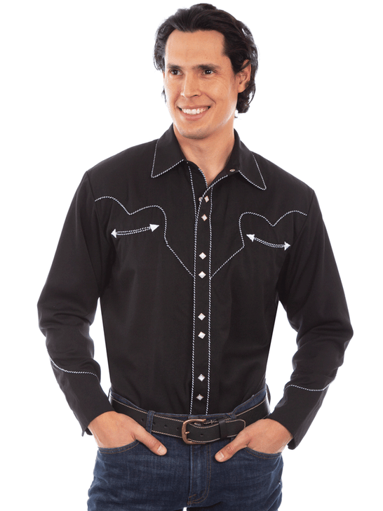 Scully P-726-BLK Mens Solid Western Shirt Black front view.If you need any assistance with this item or the purchase of this item please call us at five six one seven four eight eight eight zero one Monday through Saturday 10:00a.m EST to 8:00 p.m EST
